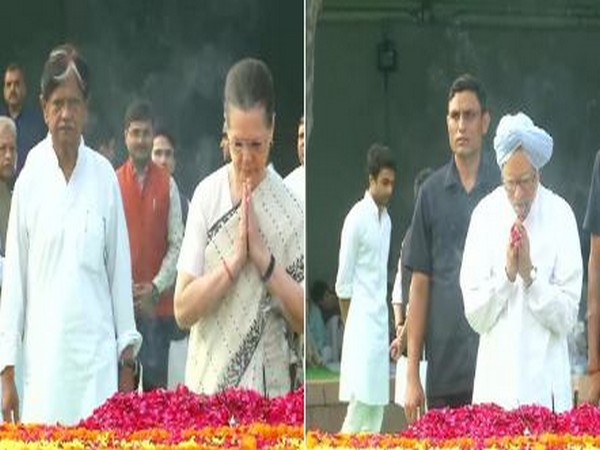 Anil Shastri (l), Congress interim president Sonia Gandhi (middle) and former Prime Minister Manmohan Singh at Vijay Ghat (Photo/ANI)