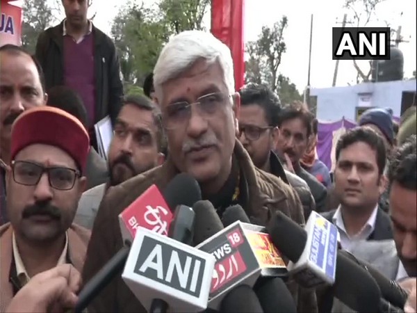 Union Jal Shakti Minister Gajendra Singh Shekhawat speaking to reporters in Nagrota in Jammu and Kashmir on Tuesday.