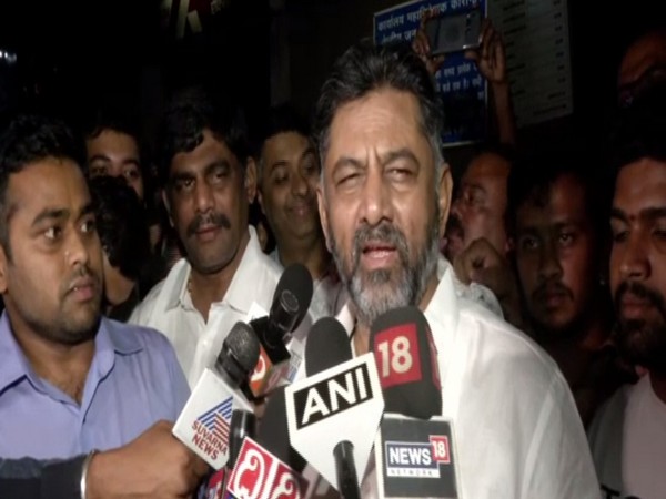 Senior Congress leader DK Shivakumar talking to reporters after being released from Tihar on Wednesday. Photo/ANI