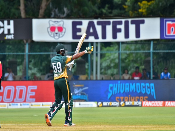 Shivamogga Strikers' Sharath BR after scoring half-century against Mysuru Warriors