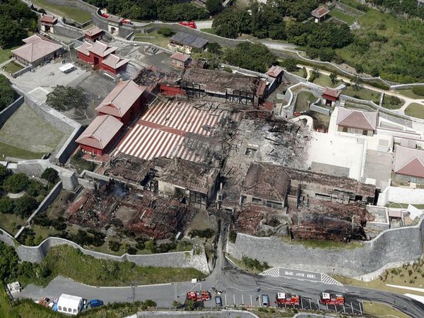 An aerial view shows the burned down Shuri Castle, listed as a World Heritage site in Japan