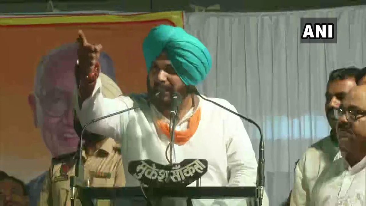 Punjab Cabinet Minister Navjot Singh Sidhu addressing an election rally at Bhopal on Monday. Photo/ANI  