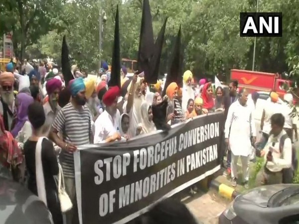 A protest staged in New Delhi by members of the Sikh community, last year, against forceful conversion of minorities in Pakistan. Photo/ANI