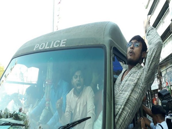 Bharatiya Janata Yuva Morcha (BJYM) members being arrested in Siliguri on Friday. Photo/ANI