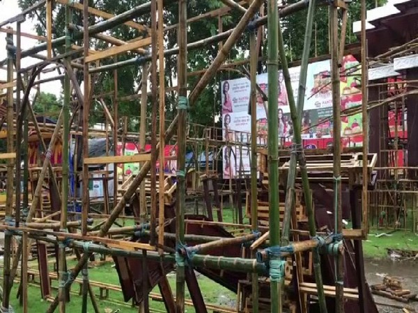 Exterior work of most pandals is pending due to rains in Siliguri. Photo/ANI