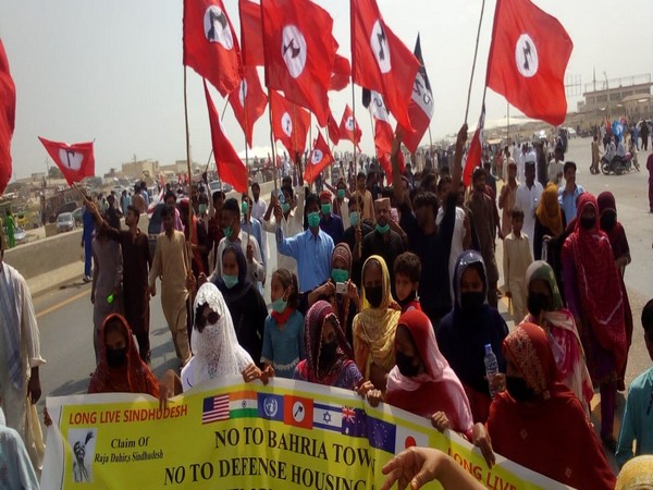 A protest organised in Karachi against land-grabbing of Sindh (ANI)