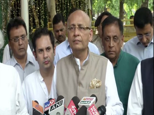 Congress leader Abhishek Manu Singhvi speaking to reporters in New Delhi on Monday.