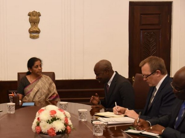 Finance Minister Nirmala Sitharaman with IFAD president Gilbert F Houngbo in New Delhi on Monday. Photo/ANI