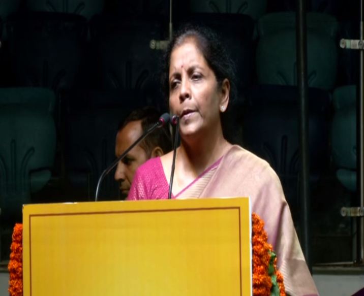 Union Finance Minister Nirmala Sitharaman addressing 'Cooperative Group Housing Society Maha Sammelan' in New Delhi on Sunday. Photo/ANI