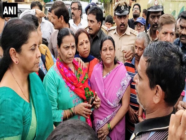 Union Finance Minister Nirmala Sitharaman taking stock of the flood situation in Belgaum district of Karnataka on Saturday. Photo/ANI