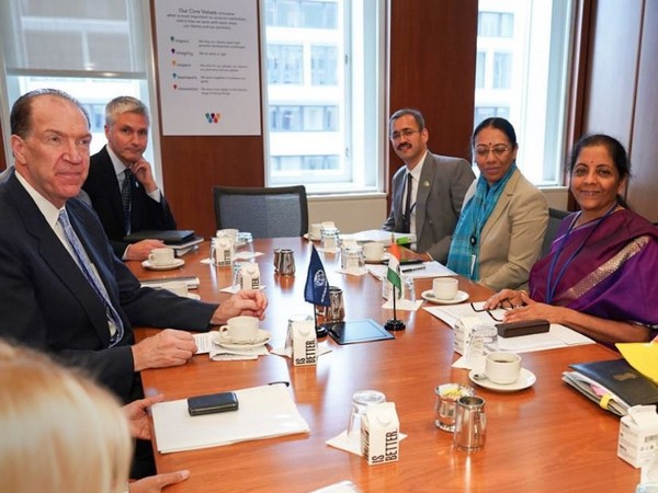 Finance Minister Nirmala Sitharaman (right) at a meeting with World Bank President David Malpass in Washington D.C.