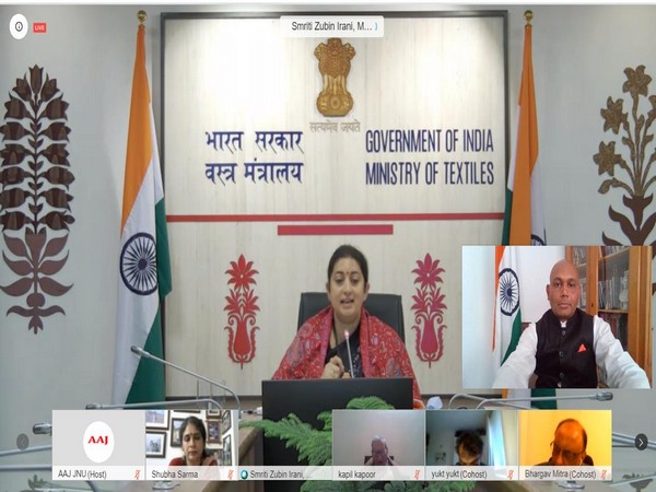 Ambassador Abhay Kumar and Union Minister Smirti Zubin Irani at a webinar organised by the Alumni Association of Jawaharlal Nehru University.