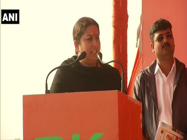 Union Minister Smriti Irani addressing a public meeting in Pratapgarh on Thursday. Photo/ANI
