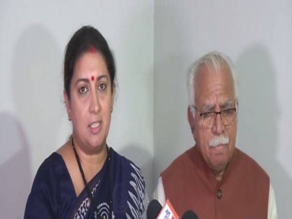 Union Minister Smriti Irani and Haryana CM Manohar Lal Khattar speaking to media on Sunday. (ANI/Photo)