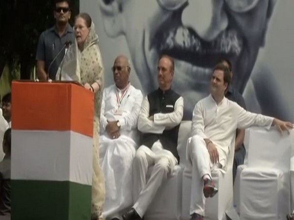 Congress interim president Sonia Gandhi addressing a gathering at Rajghat on Wednesday. (Photo/ANI)
