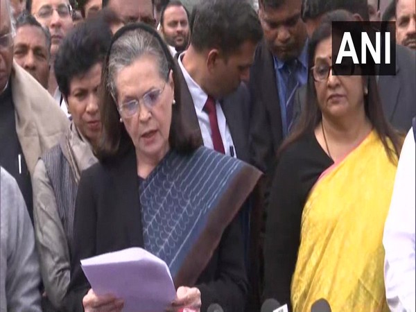 Congress interim President Sonia Gandhi speaking to reporters in New Delhi on Thursday. Photo/ANI