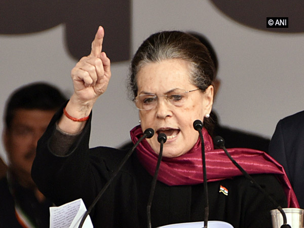 Congress president Sonia Gandhi addressing a rally in Delhi on Saturday.