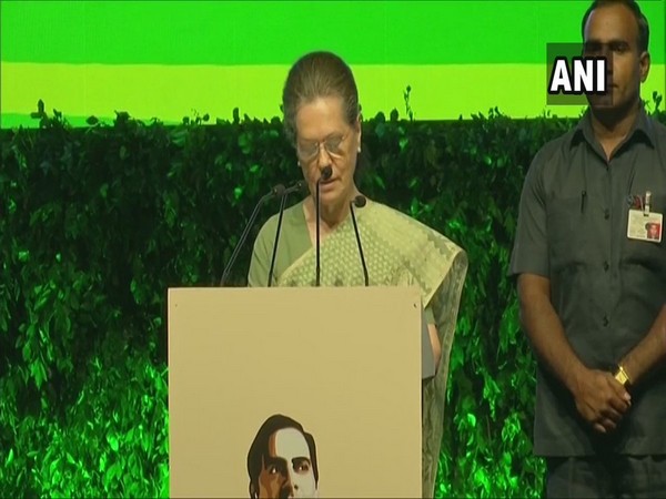 Interim Congress president Sonia Gandhi addressing 'Rajiv75' event in New Delhi on Thursday.