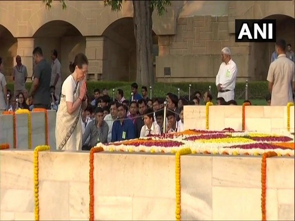 Congress interim president Sonia Gandhi at Raj Ghat on Wednesday. Photo/ANI
