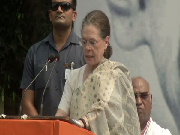 Congress interim president Sonia Gandhi speaking at Rajghat on Wednesday. (Photo/ANI)