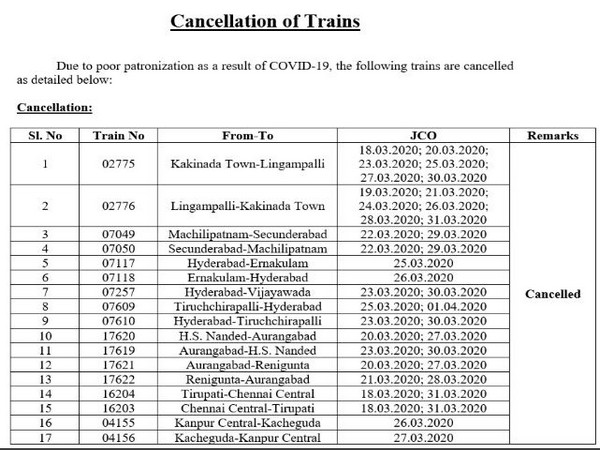 The list of trains which have been cancelled. Photo/ANI