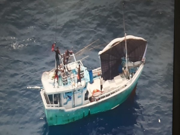 Indian Coast Guard ship Rajkamal rescued six Sri Lankan fishermen during a sea-air coordinated operation during a sea-air coordinated operation on Saturday. (Photo/ANI)