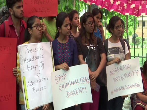 Students and Staff Student of St Stephen's college staged a protest against church interference in admission process. Photo/ANI