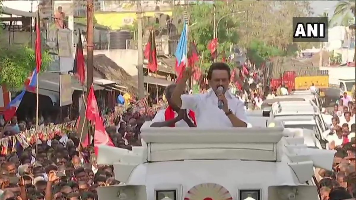 Stalin at a public rally in Tiruvarur.