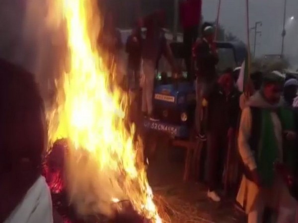 The stubble burnt by the protesting farmers in Lucknow on Tuesday. Photo/ANI