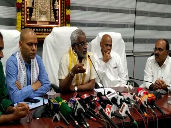 Tirumala Tirupati Devasthanams (TTD) Trust Board Chairman YV Subbareddy speaking at a press conference on Sunday. photo/ANI
