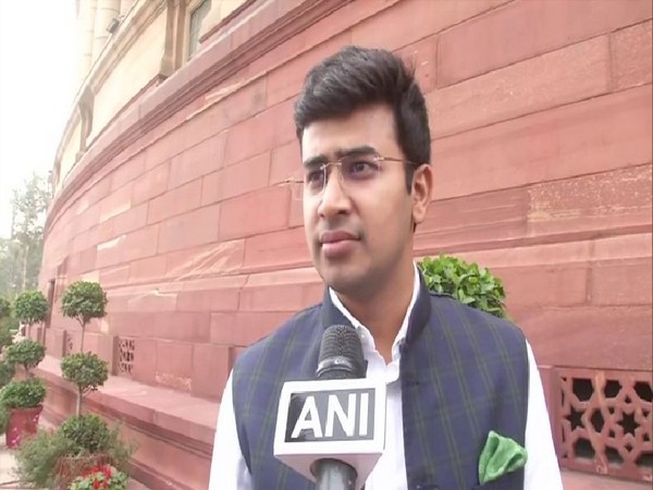 BJP MP Tejasvi Surya speaking to ANI on Wednesday in New Delhi. Photo/ANI