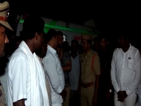 Police officials and family of the missing person at the spot of the accident in Suryapet. Photo/ANI
