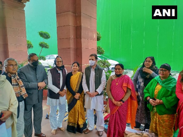 Congress leader Rahul Gandhi meets the 12 suspended Rajya Sabha MPs on Thursday. (Photo/ ANI)