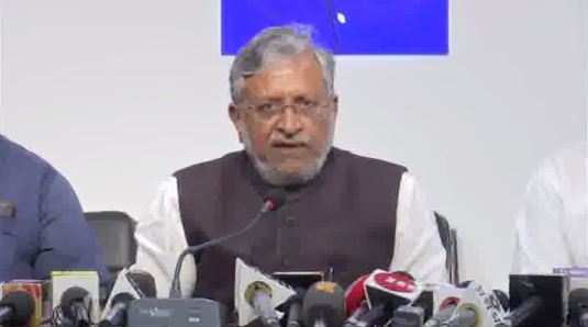Bihar Deputy Chief Minister Sushil Modi addressing  media briefing in Patna on Wednesday