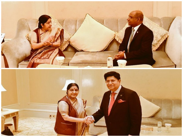 External Affairs Minister Sushma Swaraj meets her Maldives' and Bangladesh counterparts, Abdulla Shahid and Dr AK Abdul Momen in Abu Dhabi on Friday. (CREDITS: MEA Twitter)