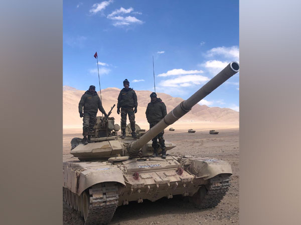 Indian Army T-90 tank deployed near the LAC in Chumar-Demchok area in Eastern Ladakh. [Photo/ANI]