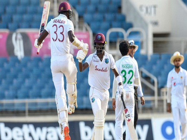 Jayden Seales and Kemar Roach celebrate victory over Pakistan. (Photo/ ICC Twitter)