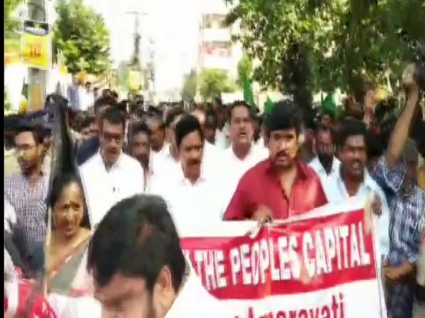 TDP leaders protest against 3-capital proposal in Vijayawada on Tuesday Photo/ANI