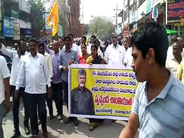 TDP workers protesting against party chief N Chandrababu Naidu's preventive detention in Nandigama town on Friday. Photo/ANI