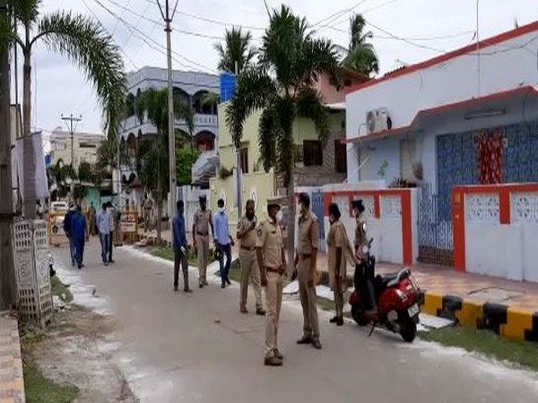 Visuals of the police outside the YSR Congress Party leader Moka Bhaskar Rao's house in Krishna district, Andhra Pradesh on Friday. (Photo/ANI)