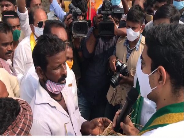 TDP leader Nara Lokesh on Monday met farmers affected by Cyclone Nivar and heavy rains in Krishna