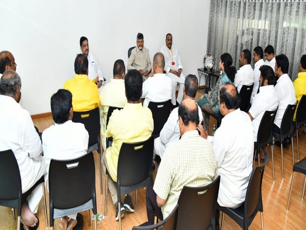 Former Andhra Pradesh CM N Chandrababu Naidu holding a meeting on Tuesday. Photo/ANI
