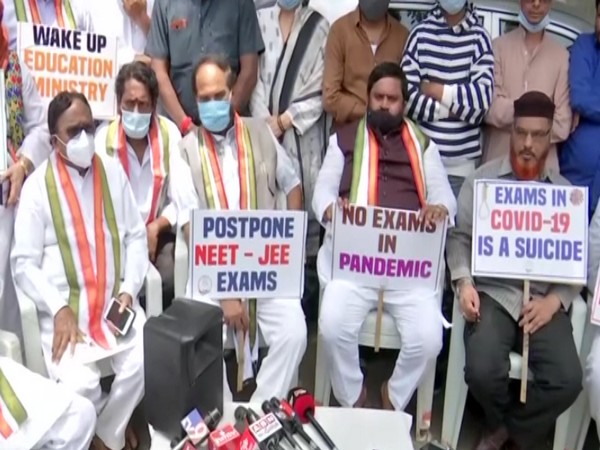 Protest held by TPCC members against conducting NEET-JEE exams in Hyderabad. [Photo/ANI]