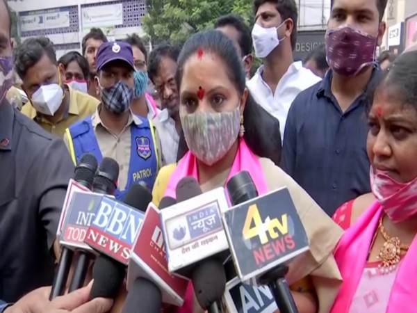 TMC MLC Kalvakuntla Kavitha speaking to reporters in Hyderabad on Thursday. Photo/ANI