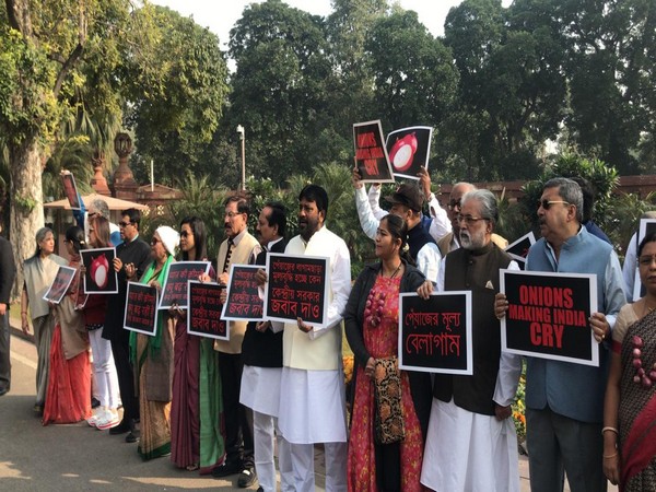 TMC MPs along with Jaya Bachchan protest in parliament over rising onion prices. Photo/ANI