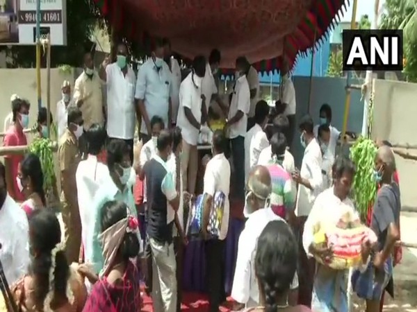 Ration, relief material being distributed to the needy in Chennai's Anna Nagar area. Photo/ANI