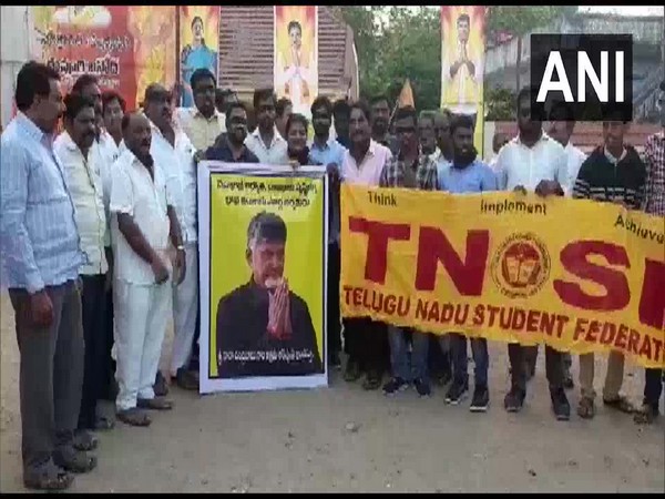 TDP and Telugu Nadu Student Federation (TNSF) workers held a protest in Nandigama town of Krishna district against Naidu's preventive detention. Photo/ANI