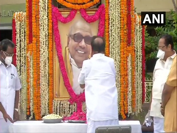 DMK president MK Stalin while paying floral tribute to former Tamil Nadu Chief Minister M Karunanidhi on his 97th birth anniversary. (Photo/ANI) 