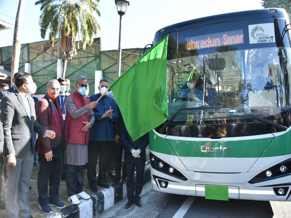 A visual of CM Trivendra Singh Rawat flagging off trial run of electric buses in Dehradun on Friday. (Pic: State DIPR Twitter)