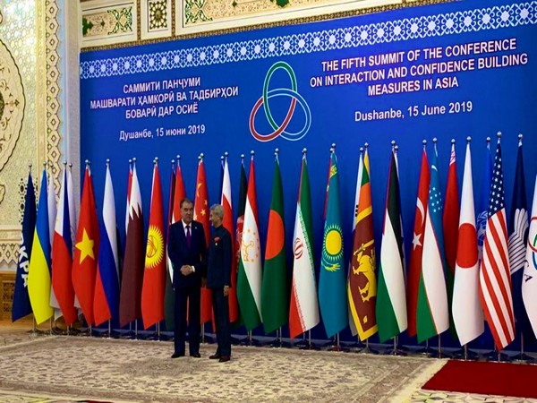 Tajik President Emomali Rahmon welcomes External Affairs Minister S. Jaishankar at the CICA 2019 Summit on Saturday. (Picture Credits: Twitter/ S Jaishankar)